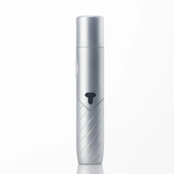 Silver cylindrical product with a brand logo on a white background