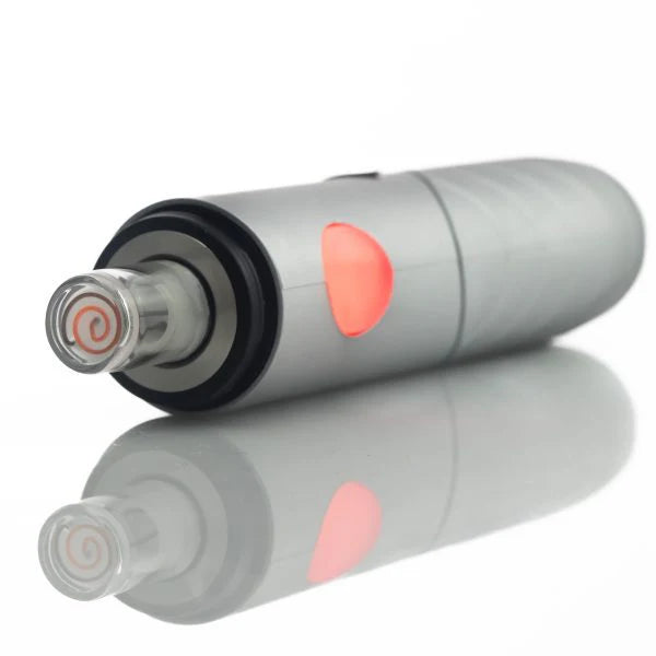 Cylindrical electronic device with a red button on a white background