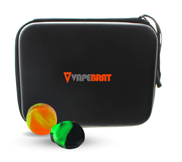 Black carrying case with 'VapeBrat' logo and two colorful vape devices on a white background