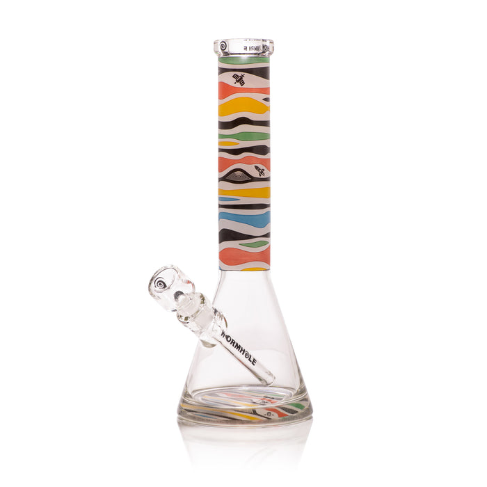 Glass smoking device with colorful striped neck on a white background