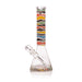Glass smoking device with colorful striped neck on a white background