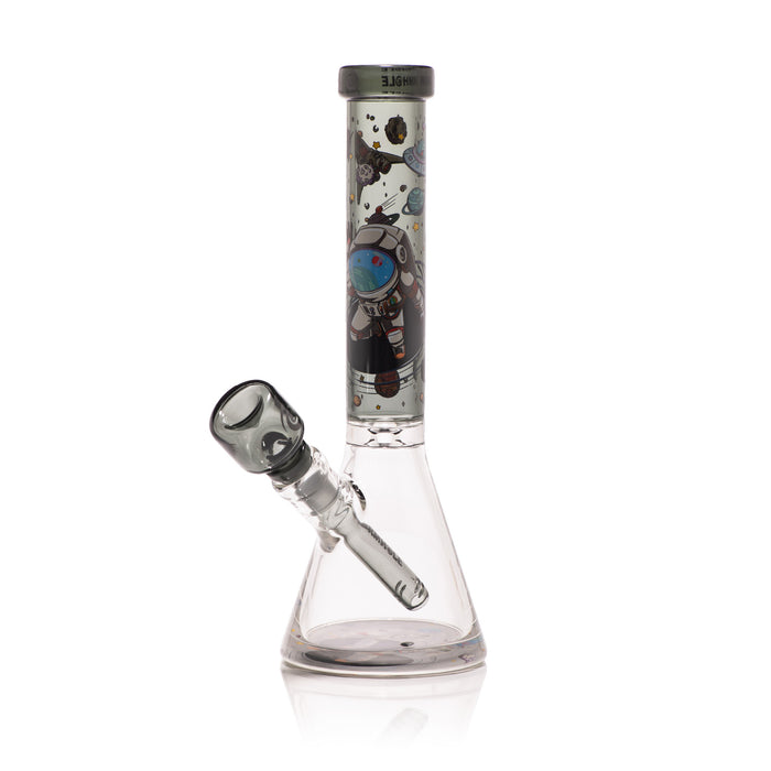 Glass smoking device with a colorful design on the neck against a white background