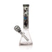 Glass smoking device with a colorful design on the neck against a white background