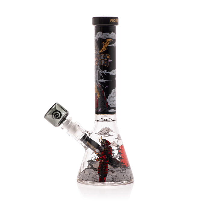 Glass bong with artistic design on a white background