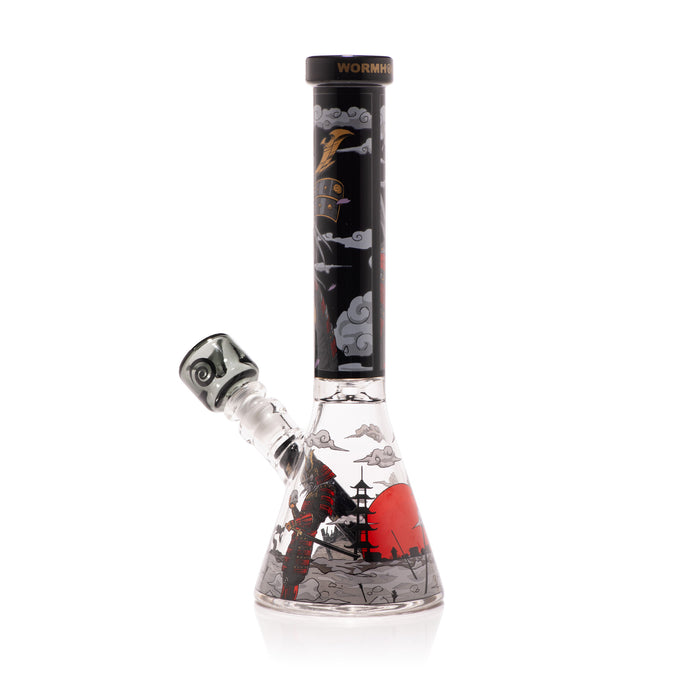 Glass smoking device with artistic design on a white background
