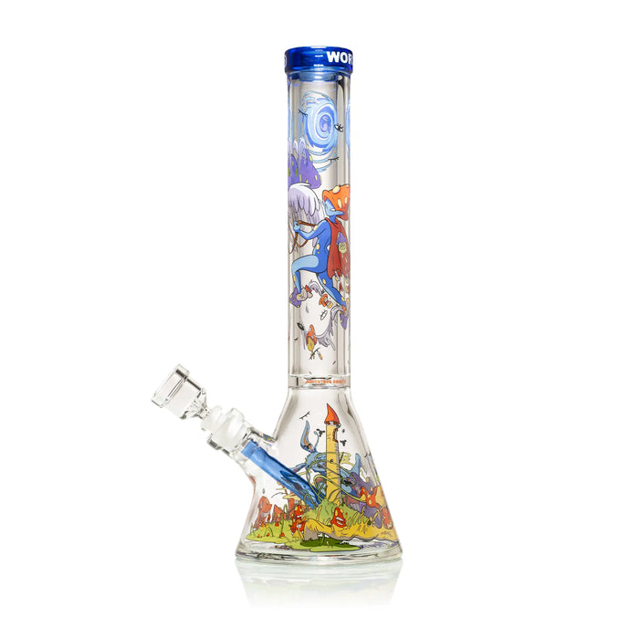 Colorful glass bong with cartoon character design on a white background