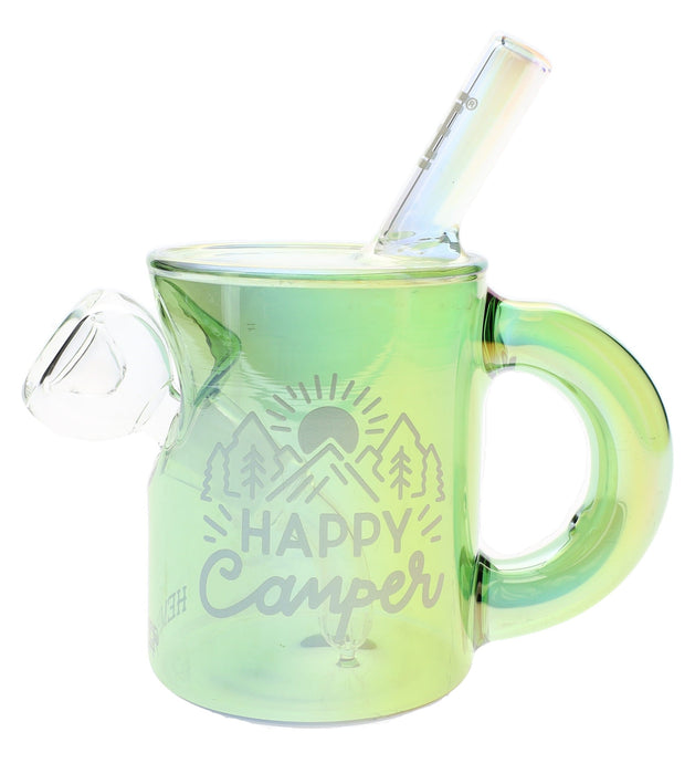 Gradient mug with 'Happy Camper' text and handle on a white background
