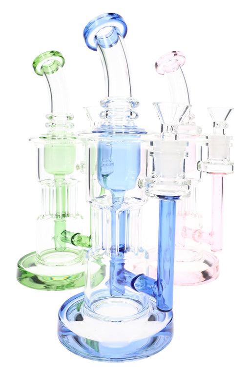 Colorful glass smoking apparatuses on a white background