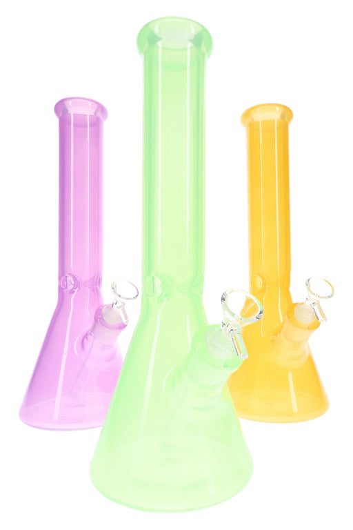 Three colorful glass smoking devices on a white background