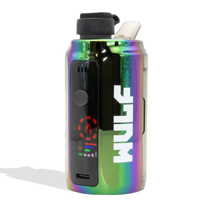 Multicolored vape device with 'MULF' branding on a white background