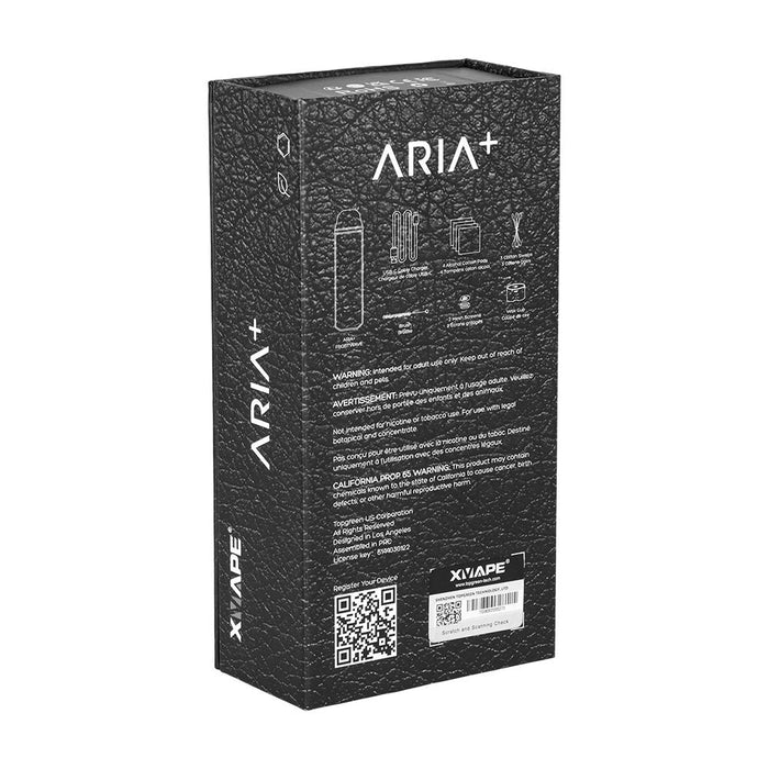 Black box packaging for ARIA+ with branding and product details on a white background