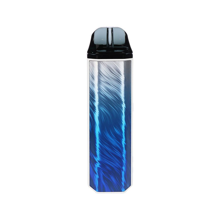 Vape device with blue and silver marbled design on a white background