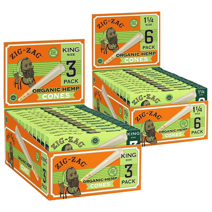 Multiple boxes of Zig-Zag organic hemp cones on a white background