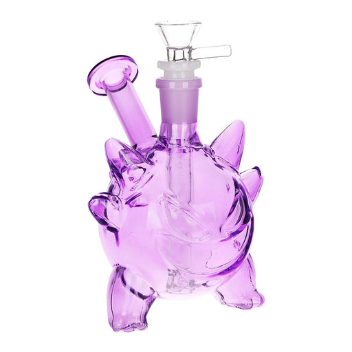 Purple glass smoking device shaped like a cartoon character on a white background