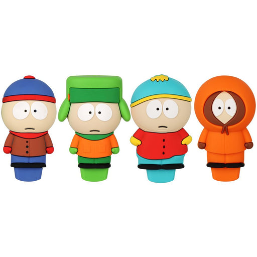 Four South Park character figurines standing side by side on a plain white background. From left to right, the characters wear blue, green, light blue, and orange winter outfits.