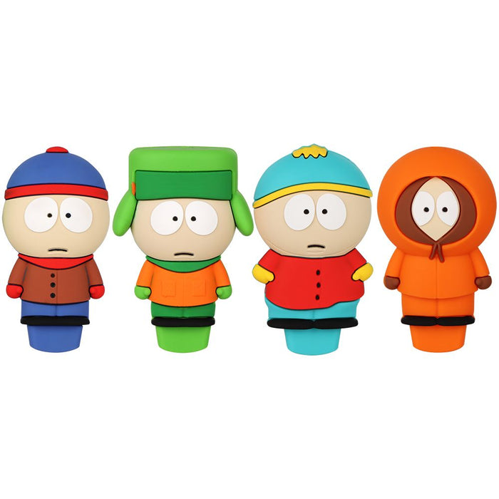 Four South Park character figurines standing side by side on a plain white background. From left to right, the characters wear blue, green, light blue, and orange winter outfits.