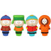 Four South Park character figurines standing side by side on a plain white background. From left to right, the characters wear blue, green, light blue, and orange winter outfits.