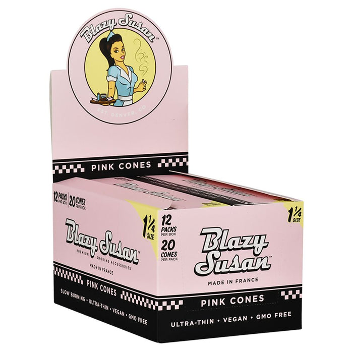 Box of Blazy Susan pink cones with branding and product details on a white background