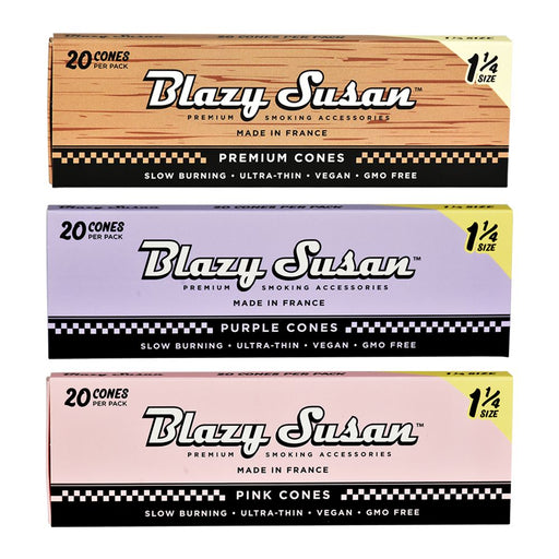 Three boxes of Blazy Susan smoking accessories with different colored cones on a white background.