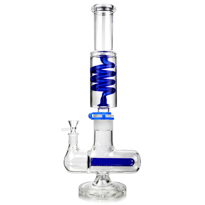 Clear glass water pipe with blue interior on a white background