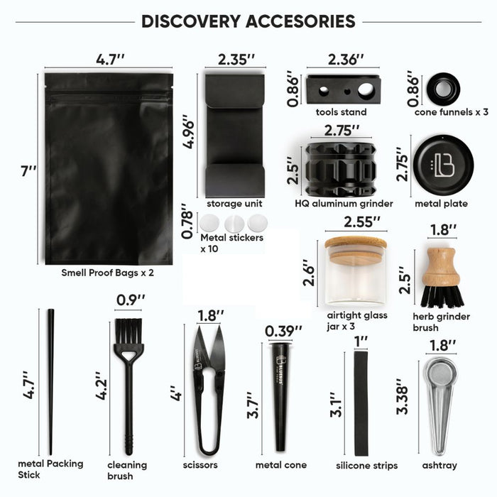 Bluebus Discovery storage box with fingerprint lock, odor-proof jars, tools stand, and accessories.