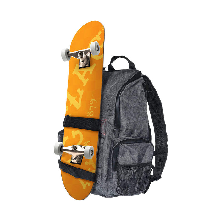 Gray backpack with an orange skateboard attached on a white background