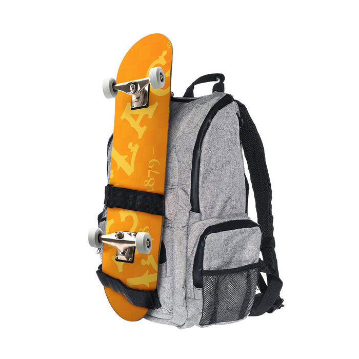 Gray backpack with an orange skateboard attached on a white background