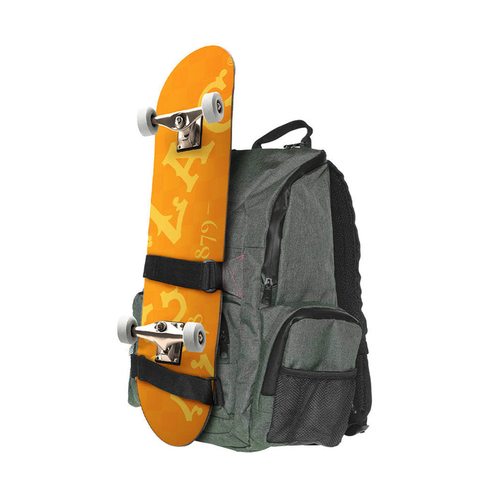 Gray backpack with an orange skateboard attached on a white background