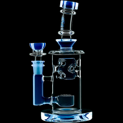Glass water pipe with blue accents on a black background