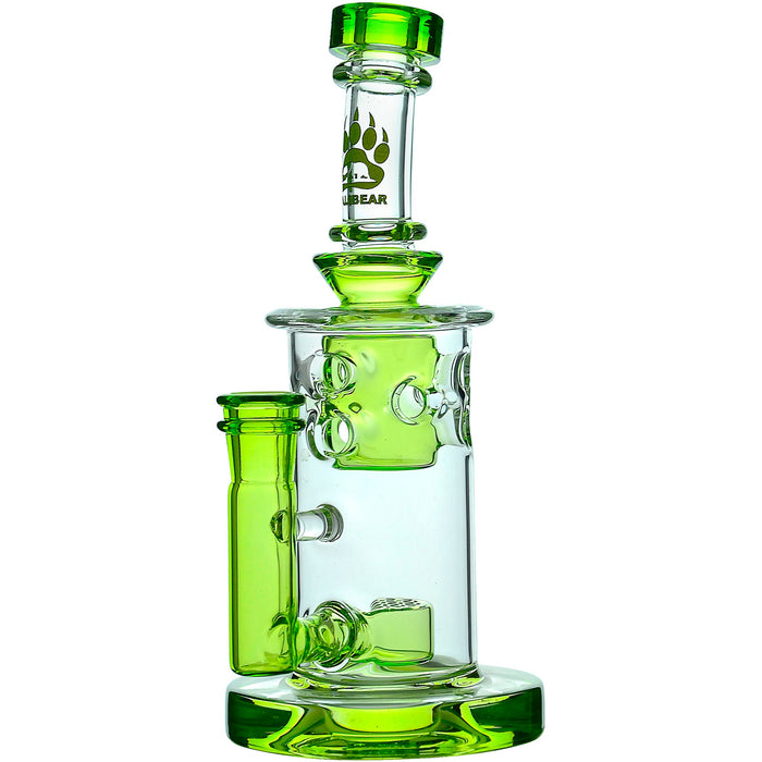 Green glass water pipe with a logo on a white background