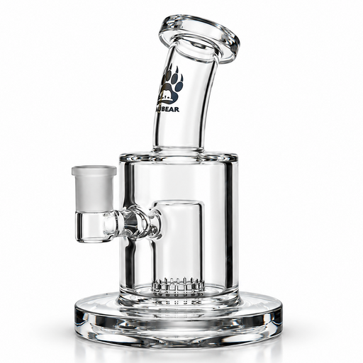 Clear glass water pipe with a cylindrical chamber, side bowl, and neck joint, featuring a black paw print logo with the text 'Pawlar' on the neck, set against a plain white background.