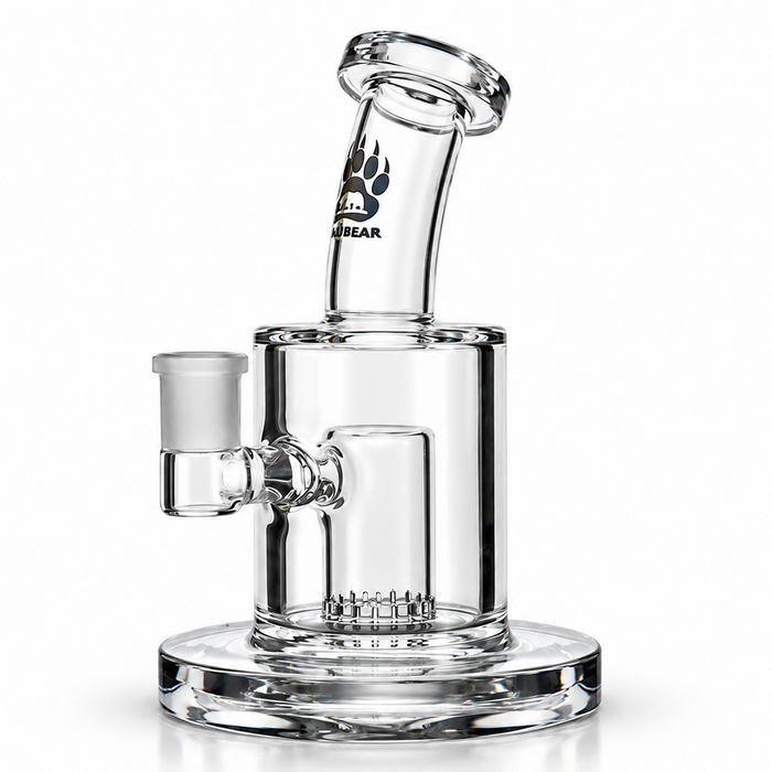 Clear glass water pipe with a cylindrical chamber, side bowl, and neck joint, featuring a black paw print logo with the text 'Pawlar' on the neck, set against a plain white background.
