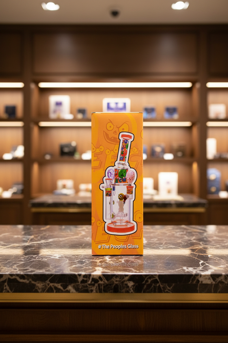 The Peoples 'Chh Ee Chh' glass water pipe in its original orange and yellow packaging box, featuring cartoon letter graphics and a product illustration on the front.