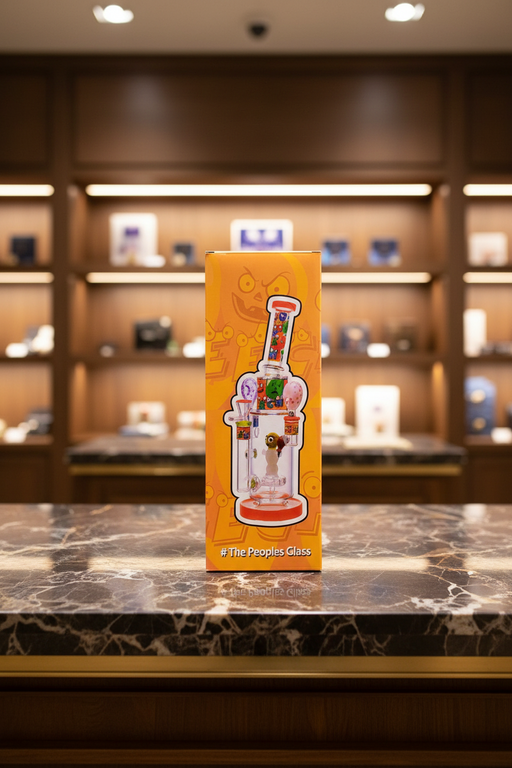 The Peoples 'Chh Ee Chh' glass water pipe in its original orange and yellow packaging box, featuring cartoon letter graphics and a product illustration on the front.