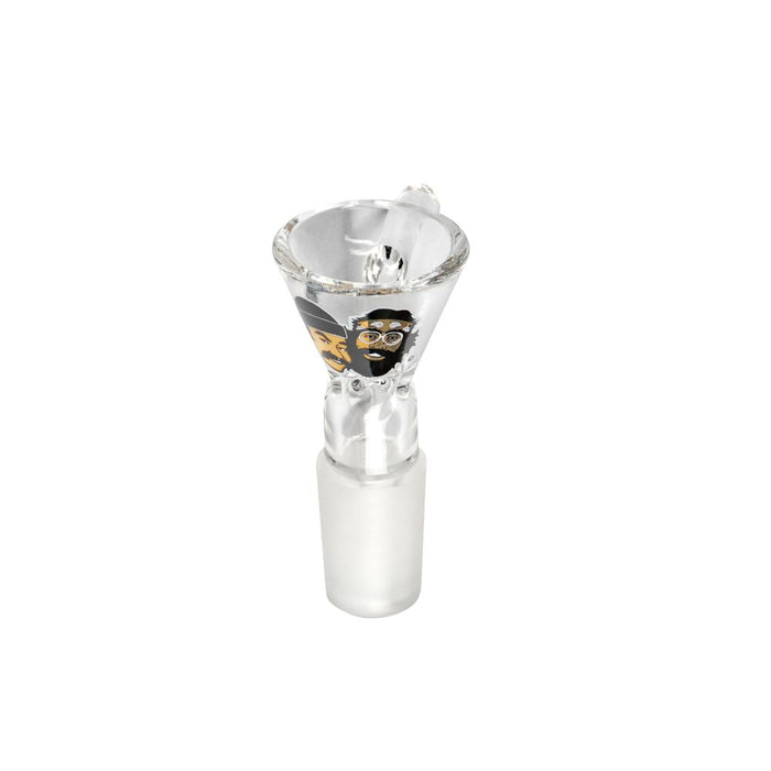 Clear glass smoking accessory with a face design on a white background