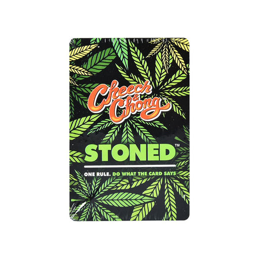 Cheech & Chong 'Stoned' product packaging with cannabis leaf design on a white background