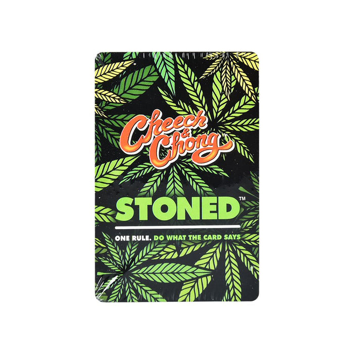 Cheech & Chong 'Stoned' product packaging with cannabis leaf design on a white background