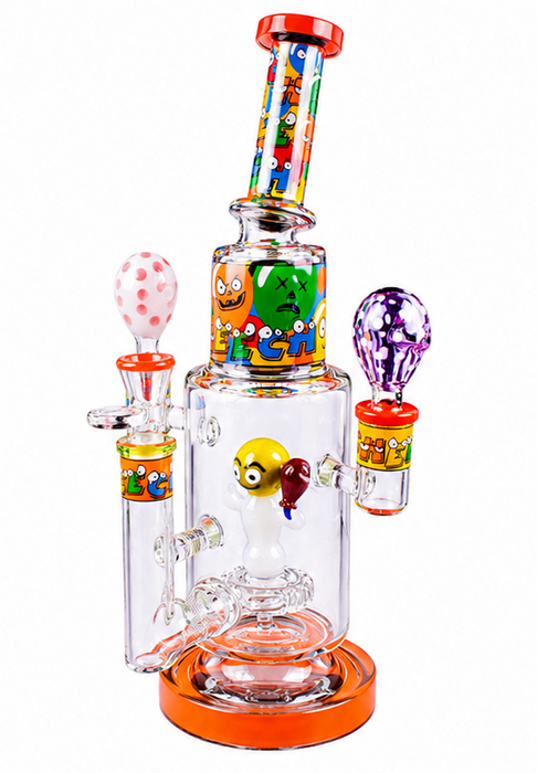 A collage showing a clear glass water pipe/bong with colorful cartoon-style inserts and accessories, alongside its orange retail box and additional color variants on a white background.