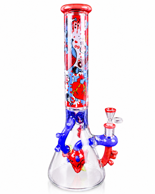 A clear glass water pipe with a red and blue anatomical heart design, featuring a red mouthpiece, blue and red downstem, and a clear glass base on a white background.