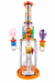 A colorful glass water pipe with a clear glass body, orange base and top, and cartoon character illustrations. It features two side branches with pink and purple balloon-shaped mouthpieces on a white background.