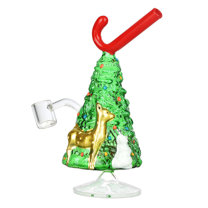 Christmas-themed glass smoking accessory with a tree, deer, and reindeer design on a white background.
