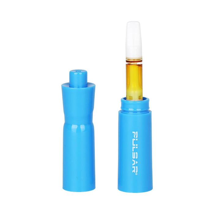 Blue vape pen with a white cap on a white background