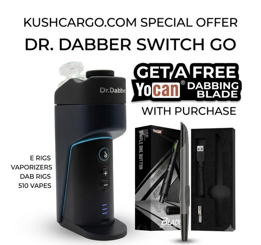 Dr. Dabber Switch Go vaporizer with promotional text for a free Yocan blade offer.
