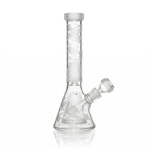 Clear glass water pipe with a white background