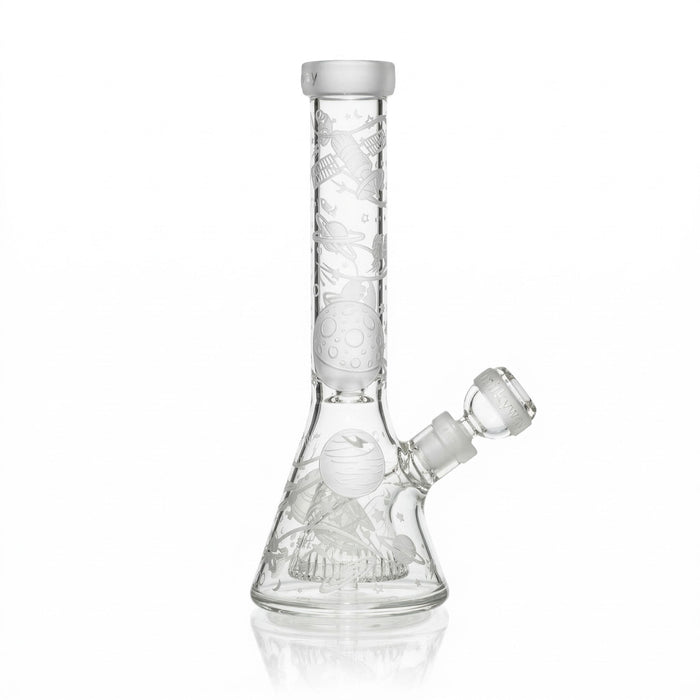 Clear glass water pipe with a white background