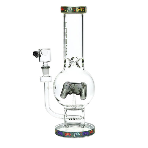 Glass smoking device with joystick design on a white background