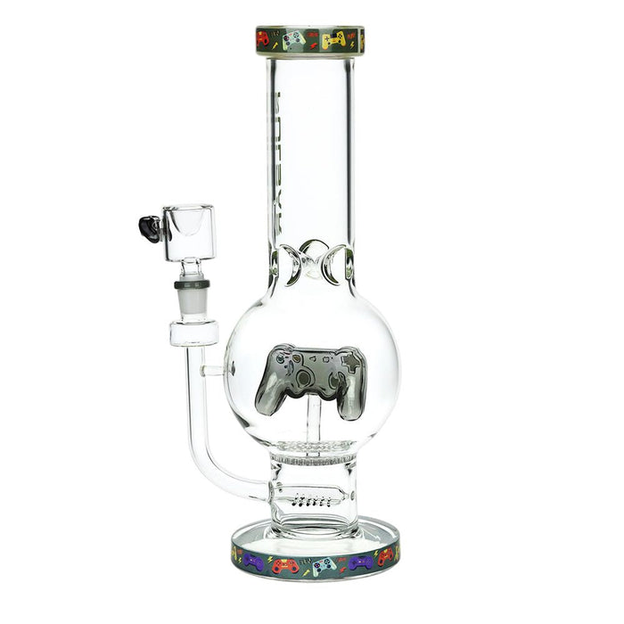 Glass smoking device with joystick design on a white background