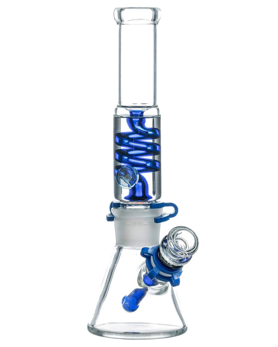 Glass water pipe with blue spiral design on a white background