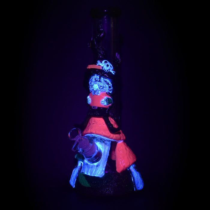 UV reactive Halloween Witch Shroom Hut Beaker Bong glowing under blacklight.