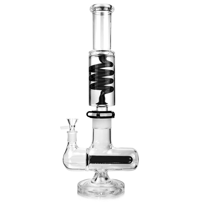 Clear glass water pipe with spiral design on a white background